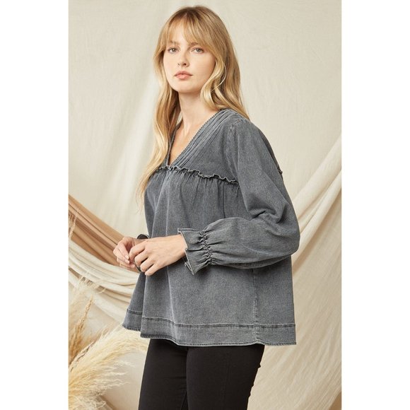 Entro Ruffled V-Neck Top, Black - Picture 2 of 6